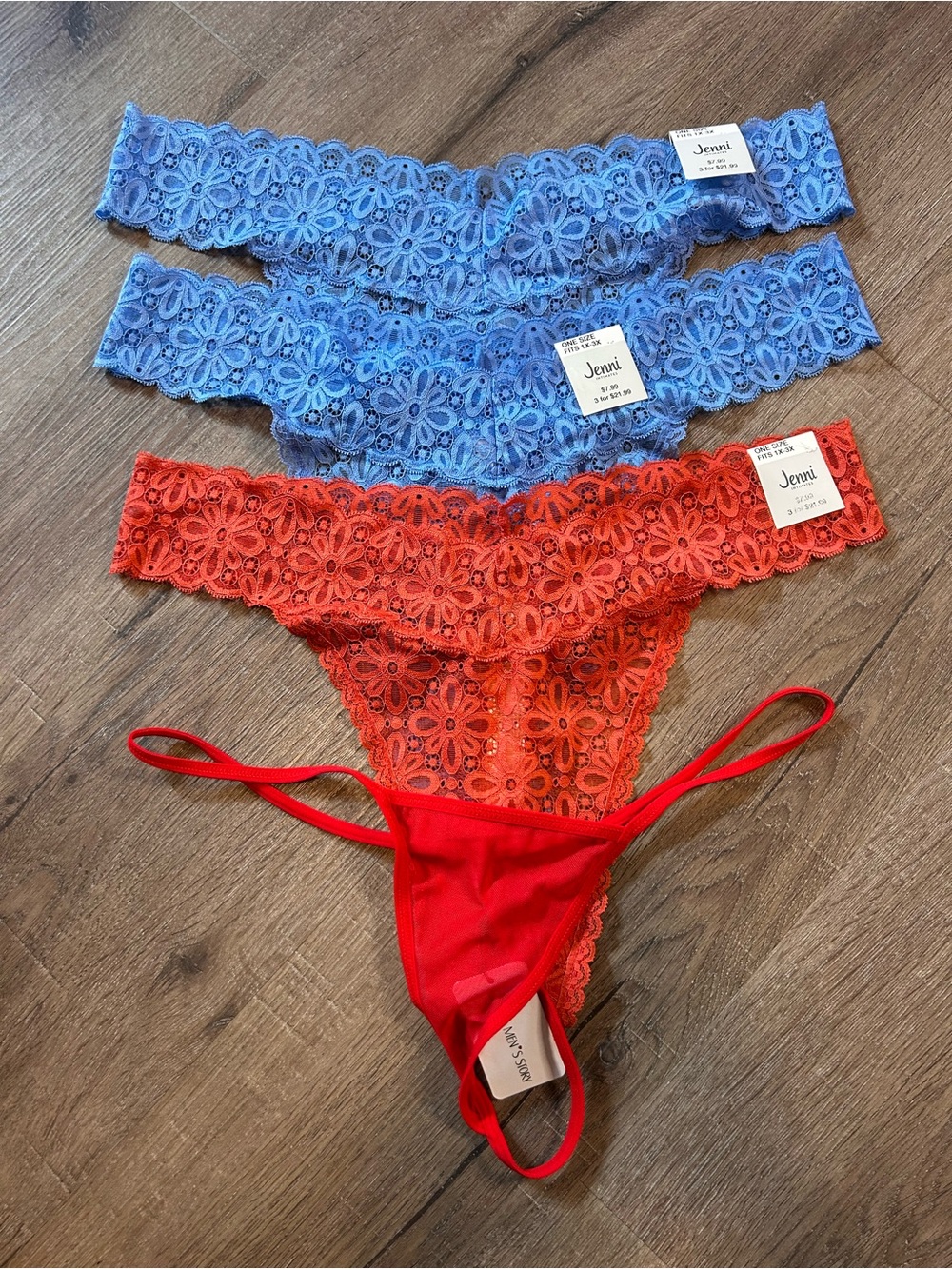 Jenni by Jennifer Moore Thong Panties Womens 1X-3XL Floral Lace 3 Pkg + 1 Red 1X